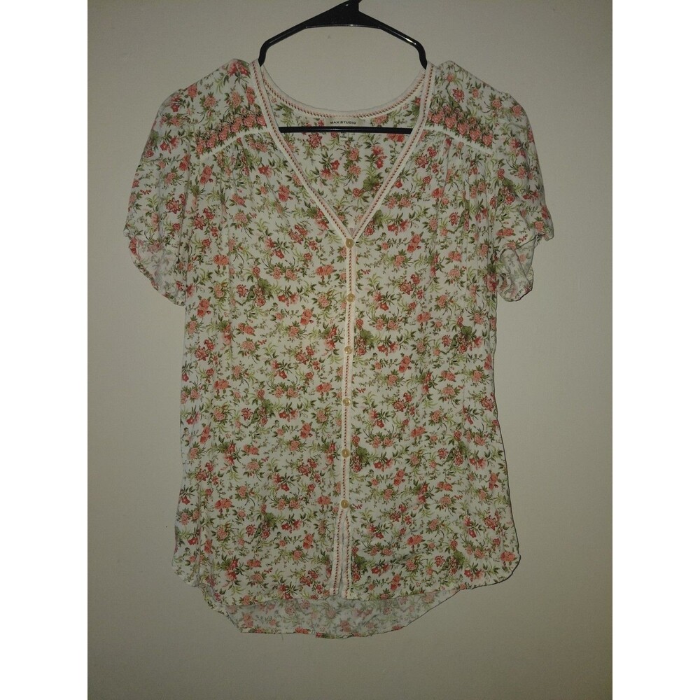Max Studio Med Floral Shirt Cottage Core Button Up Short Sleeve Top Pink Prairie